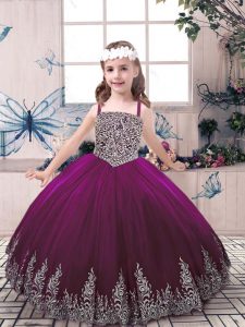 Sleeveless Tulle Floor Length Lace Up Little Girls Pageant Gowns in Eggplant Purple with Beading and Embroidery
