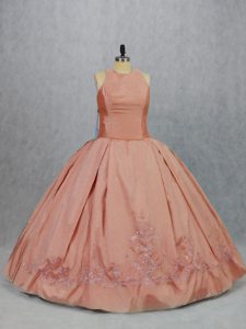 High Quality Scoop Sleeveless Teens Party Dress Floor Length Embroidery Peach Taffeta