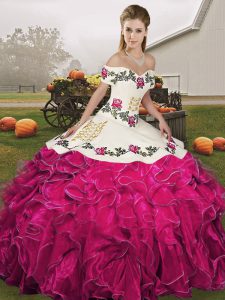 Fuchsia Lace Up Off The Shoulder Embroidery and Ruffles Ball Gown Prom Dress Organza Sleeveless