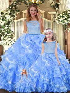 Custom Made Light Blue Scoop Zipper Lace and Ruffled Layers Quinceanera Dresses Sleeveless