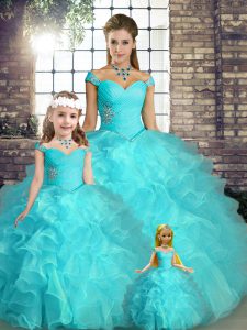 Artistic Aqua Blue Off The Shoulder Neckline Beading and Ruffles Quinceanera Dresses Sleeveless Lace Up