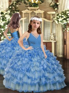 Blue Sleeveless Organza Zipper Little Girl Pageant Dress for Party and Wedding Party