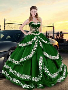 Dark Green Sleeveless Floor Length Appliques and Ruffled Layers Lace Up Ball Gown Prom Dress