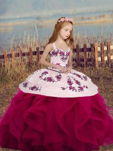 Elegant Fuchsia Straps Neckline Embroidery and Ruffles Kids Pageant Dress Sleeveless Lace Up