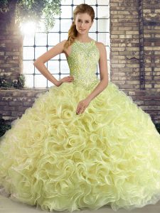 Enchanting Yellow Green Ball Gowns Scoop Sleeveless Fabric With Rolling Flowers Floor Length Lace Up Beading Ball Gown Prom Dress