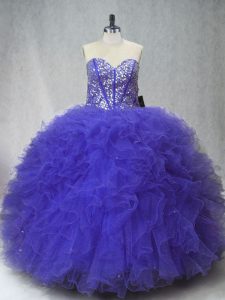Beauteous Purple Ball Gowns Tulle Sweetheart Sleeveless Beading and Ruffles Floor Length Lace Up Sweet 16 Quinceanera Dress