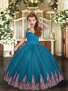 Teal Ball Gowns Appliques and Ruching Kids Formal Wear Lace Up Tulle Sleeveless Floor Length