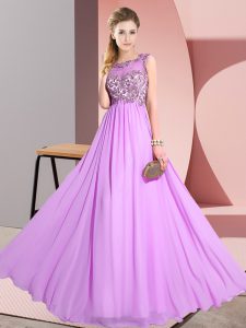 High Class Lilac Chiffon Backless Quinceanera Court Dresses Sleeveless Floor Length Beading and Appliques