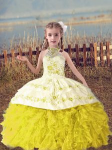 Floor Length Gold Pageant Dress Toddler Organza Sleeveless Beading and Embroidery and Ruffles
