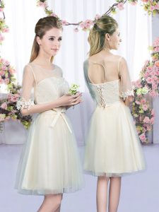 Beauteous Champagne Lace Up Scoop Lace and Bowknot Vestidos de Damas Tulle Half Sleeves