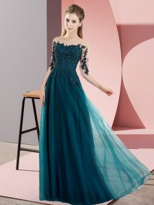 Half Sleeves Chiffon Floor Length Lace Up Court Dresses for Sweet 16 in Peacock Green with Beading and Lace