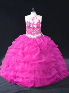 Fuchsia Halter Top Backless Beading and Lace and Pick Ups Quinceanera Dresses Sleeveless
