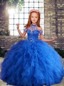 Blue Tulle Lace Up Girls Pageant Dresses Sleeveless Floor Length Beading and Ruffles