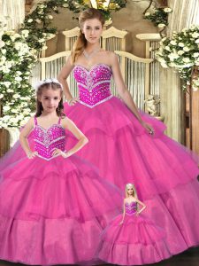 Customized Floor Length Hot Pink Quinceanera Gown Sweetheart Sleeveless Lace Up