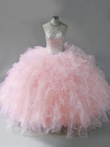 Decent Sleeveless Beading and Ruffles Lace Up Quince Ball Gowns