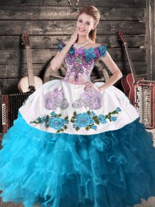 Off The Shoulder Sleeveless 15 Quinceanera Dress Floor Length Embroidery and Ruffles Teal Organza