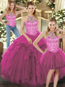 Three Pieces Sweet 16 Dresses Fuchsia Halter Top Tulle Sleeveless Floor Length Lace Up