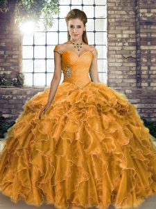 Shining Gold Ball Gowns Off The Shoulder Sleeveless Organza Brush Train Lace Up Beading and Ruffles Quinceanera Gown