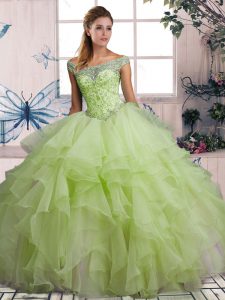 Floor Length Yellow Green 15 Quinceanera Dress Off The Shoulder Sleeveless Lace Up