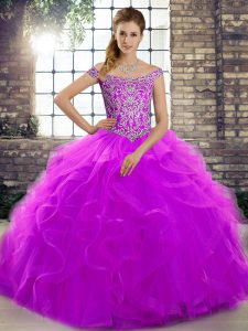 Flare Sleeveless Tulle Brush Train Lace Up Quinceanera Dress in Purple with Beading and Ruffles