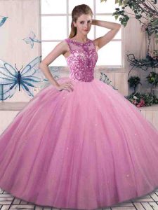 Rose Pink Sleeveless Beading Floor Length Party Dress for Girls