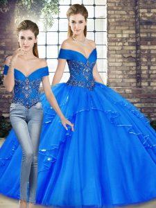 Royal Blue Two Pieces Beading and Ruffles 15th Birthday Dress Lace Up Tulle Sleeveless Floor Length