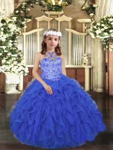 Beauteous Royal Blue Sleeveless Beading and Ruffles Floor Length Little Girl Pageant Gowns