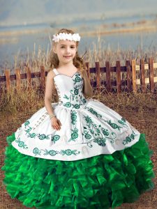 Luxurious Green Sleeveless Embroidery and Ruffles Floor Length Kids Pageant Dress