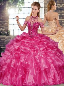 Super Floor Length Ball Gowns Sleeveless Fuchsia Quince Ball Gowns Lace Up