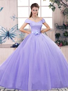 Sophisticated Off The Shoulder Short Sleeves Lace Up 15 Quinceanera Dress Lavender Tulle