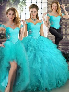 High Quality Floor Length Lace Up Quinceanera Gown Aqua Blue for Military Ball and Sweet 16 and Quinceanera with Beading and Ruffles