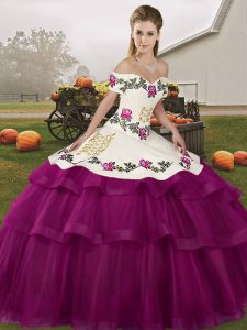 Enchanting Fuchsia Sweet 16 Quinceanera Dress Military Ball and Sweet 16 and Quinceanera with Embroidery and Ruffled Layers Off The Shoulder Sleeveless Brush Train Lace Up