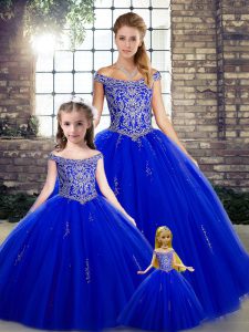 Off The Shoulder Sleeveless Lace Up Sweet 16 Dress Royal Blue Tulle