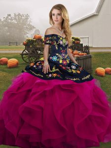 Spectacular Fuchsia Tulle Lace Up Off The Shoulder Sleeveless Floor Length Military Ball Gown Embroidery and Ruffles