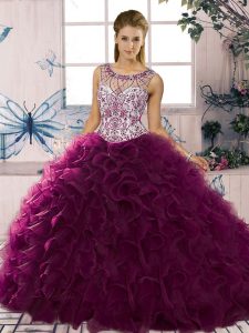 Dynamic Dark Purple Organza Lace Up Scoop Sleeveless Floor Length 15th Birthday Dress Beading and Ruffles