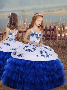 Straps Sleeveless Kids Formal Wear Floor Length Embroidery and Ruffled Layers Royal Blue Organza
