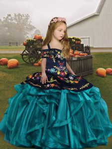 Organza Straps Sleeveless Lace Up Embroidery and Ruffles Little Girl Pageant Dress in Teal