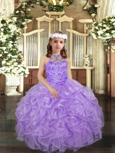 Lavender Ball Gowns Halter Top Sleeveless Organza Floor Length Lace Up Beading and Ruffles Pageant Dress for Girls