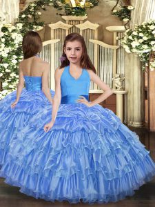 Super Blue Organza Lace Up Kids Formal Wear Sleeveless Floor Length Ruffled Layers