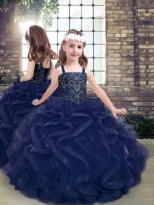 Enchanting Straps Sleeveless Lace Up Little Girls Pageant Dress Wholesale Navy Blue Tulle