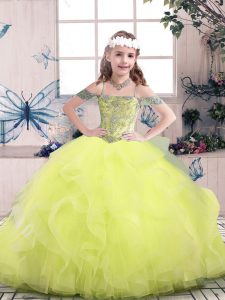 Floor Length Yellow Green Little Girl Pageant Gowns Off The Shoulder Sleeveless Lace Up
