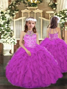 Trendy Fuchsia Lace Up Child Pageant Dress Beading and Ruffles Sleeveless Floor Length
