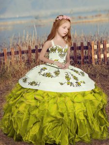 Olive Green Sleeveless Floor Length Embroidery and Ruffles Lace Up Glitz Pageant Dress