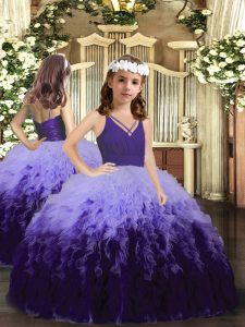 Ball Gowns Girls Pageant Dresses Multi-color V-neck Tulle Sleeveless Floor Length Zipper