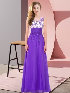Sweet Floor Length Purple Quinceanera Dama Dress Scoop Sleeveless Backless