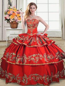 Red Ball Gowns Embroidery and Ruffled Layers 15th Birthday Dress Lace Up Satin and Organza Sleeveless Floor Length