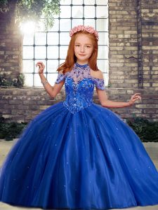 Customized Royal Blue High-neck Neckline Beading and Ruffles Kids Pageant Dress Sleeveless Lace Up