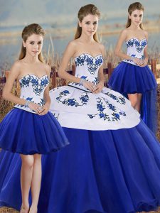 Floor Length Lace Up Ball Gown Prom Dress Royal Blue for Military Ball and Sweet 16 and Quinceanera with Embroidery and Bowknot