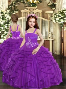 Perfect Straps Sleeveless Lace Up Little Girls Pageant Gowns Purple Tulle