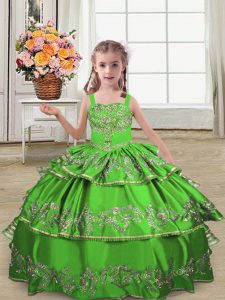 Green Sleeveless Embroidery and Ruffled Layers Floor Length Child Pageant Dress